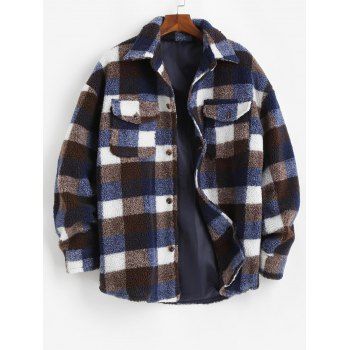 

Plaid Pattern Flap Pocket Teddy Jacket, Peacock blue