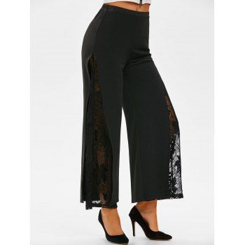 

Lace Insert High Split Wide Leg Pants, Black