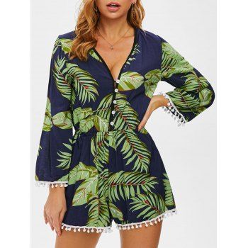 

V Neck Ball Tassel Romper, Green