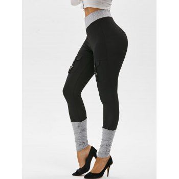 

High Rise Buckled Pockets Colorblock Stacked Leggings, Black