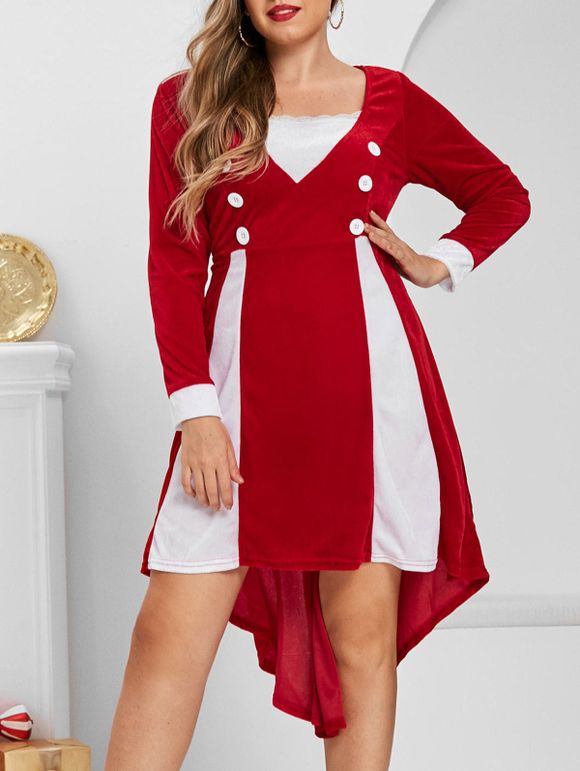 Robe de Noël de Grande Taille à Manches Longues en Velours - Rouge 5X