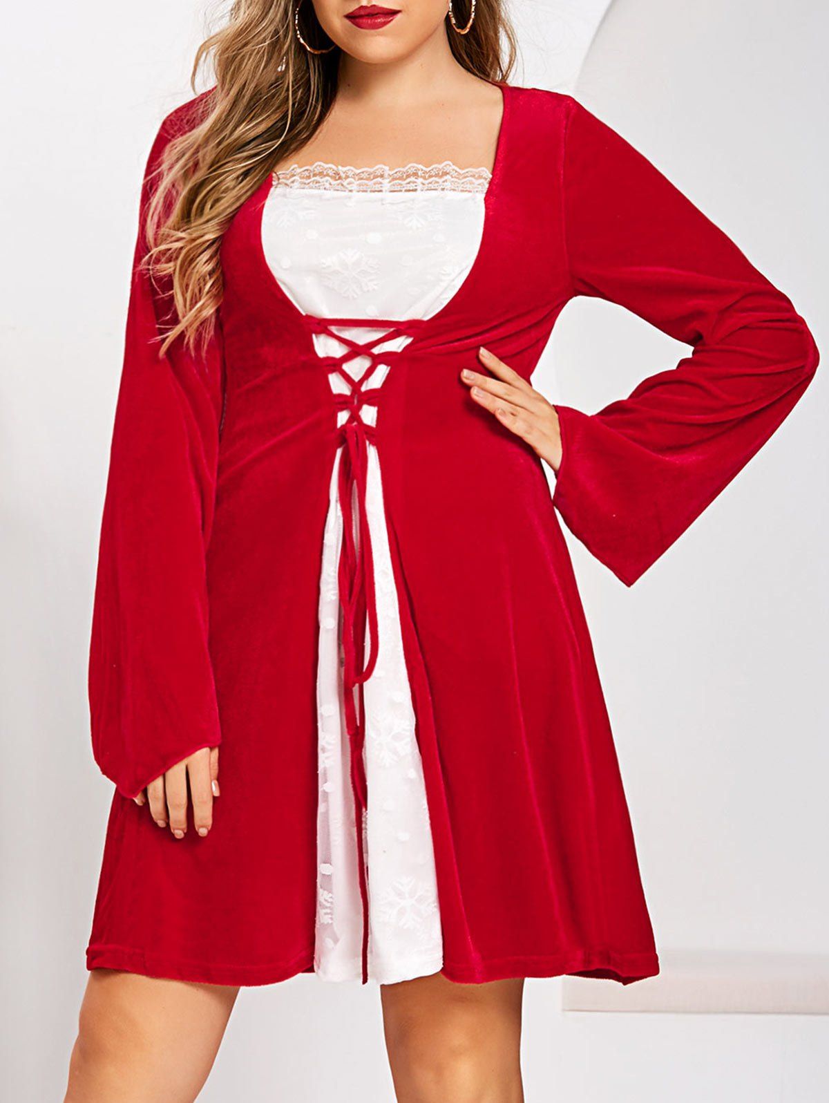 Plus Size Velvet Lace Snowflake Lattice Christmas Dress - LAVA RED L
