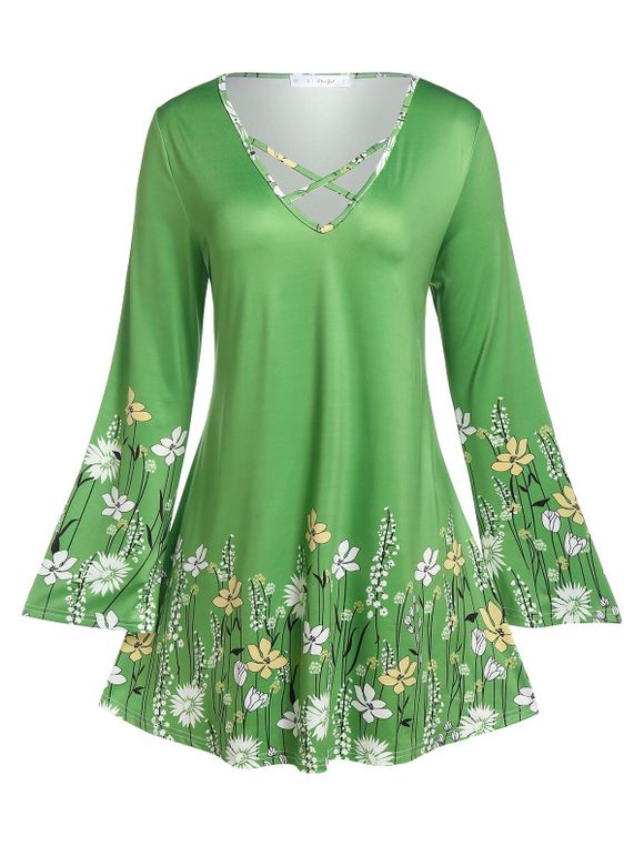 T-shirt Tunique Croisé Imprimé Fleuri de Grande Taille - Vert profond L