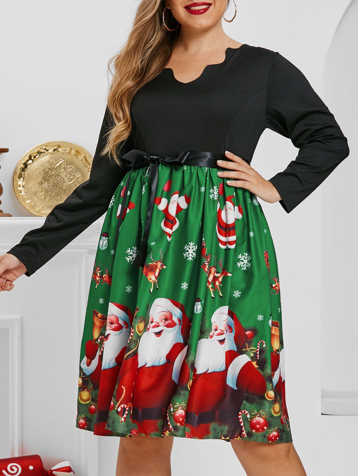 Snowman Snowflake Santa Claus Christmas Scalloped Plus Size Dress - GREEN 3XL