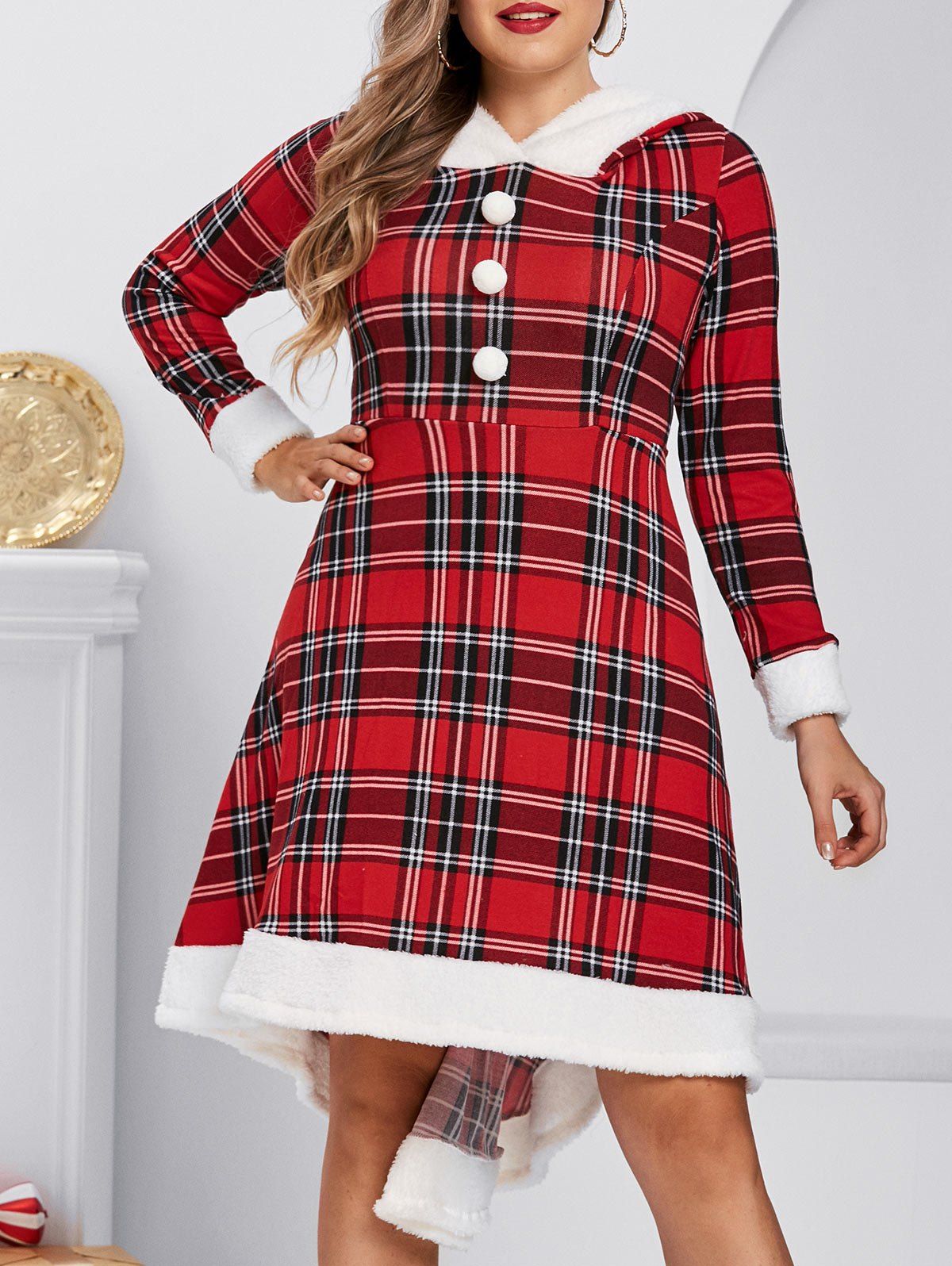 Plus Size Plaid Hooded Faux Fur Panel A Line Dress - LAVA RED 5X