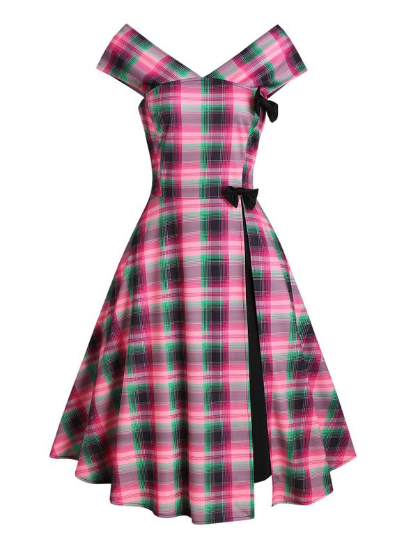 Plaid Bowknot Overlap Sleeveless A Line Dress - multicolor M