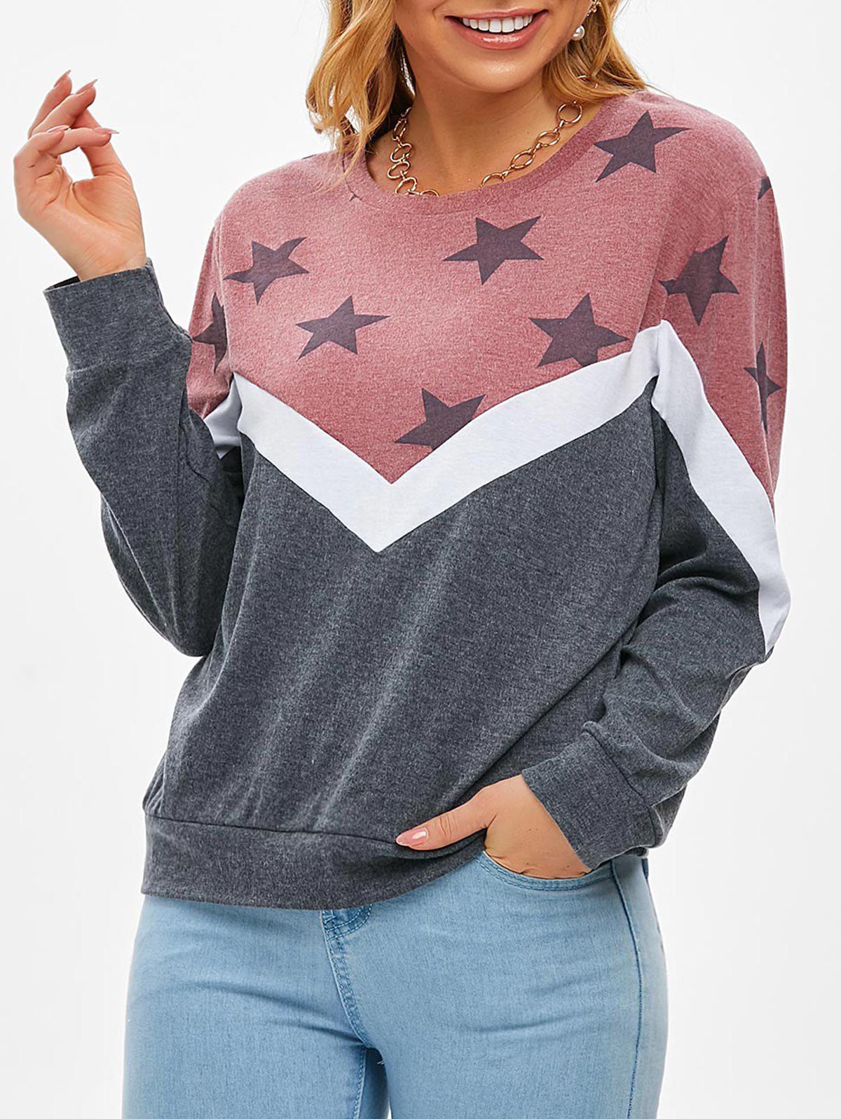 Sweat-shirt Tricoté Etoile en Blocs de Couleurs - Rose clair XL