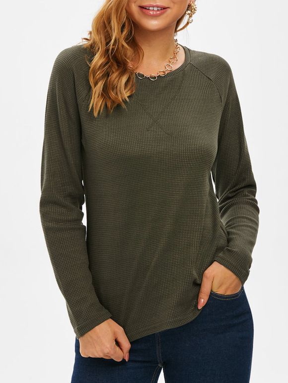 Tricot Texturé Ourlet Courbe à Manches Raglan - Vert profond XL