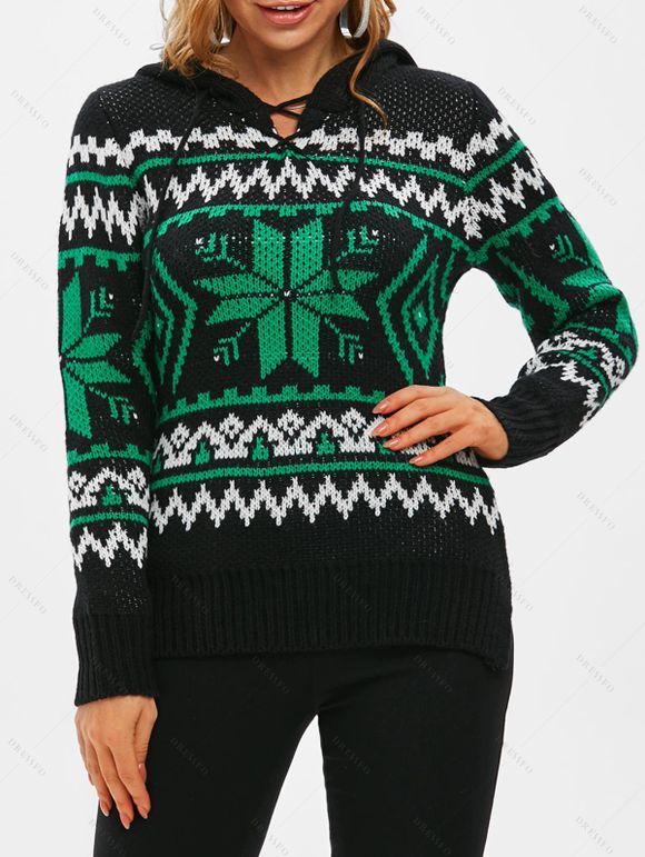 Pull à Capuche Haut Bas Fendu Flocon de Neige Noël à Lacets - multicolor L