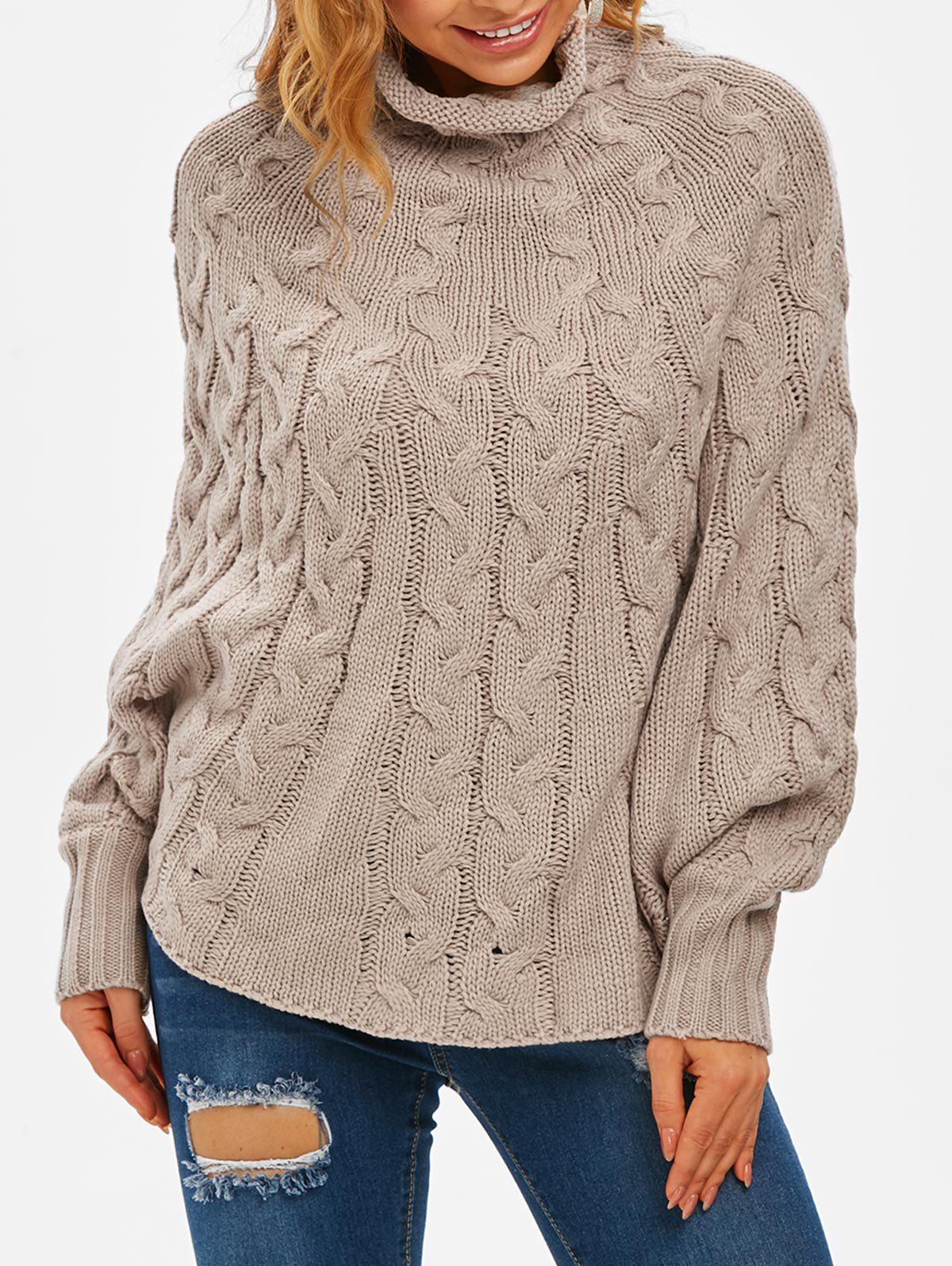 Cable Knit High Neck Poncho Sweater - LIGHT COFFEE L
