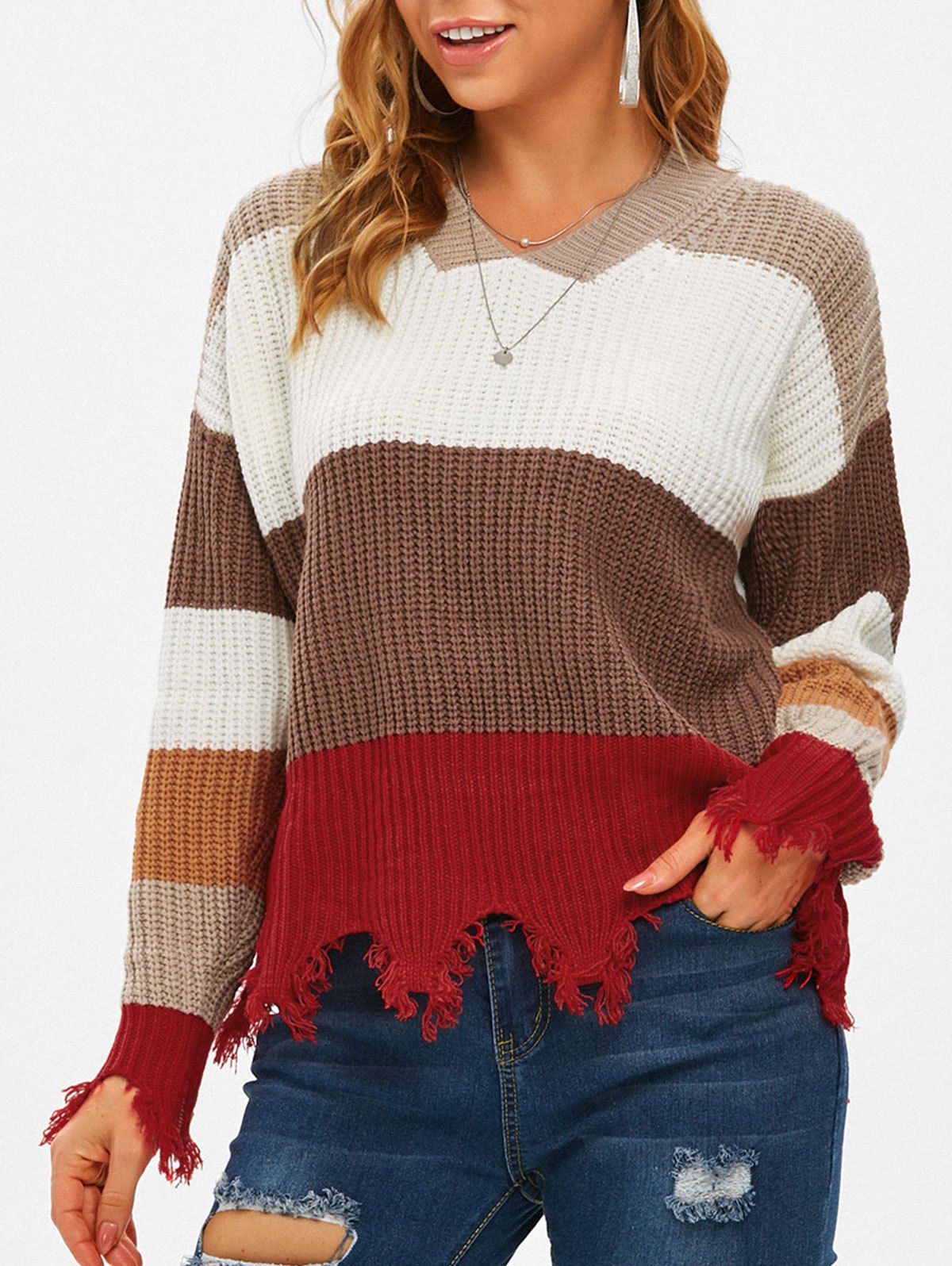 V Neck Frayed Hem Colorblock Sweater - multicolor L