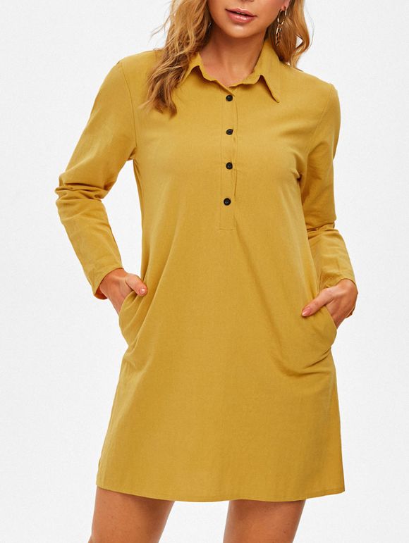 Half Button Long Sleeve Shirt Dress - YELLOW 3XL