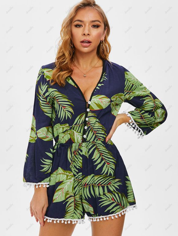 Barboteuse à Col V à Frange - Vert S