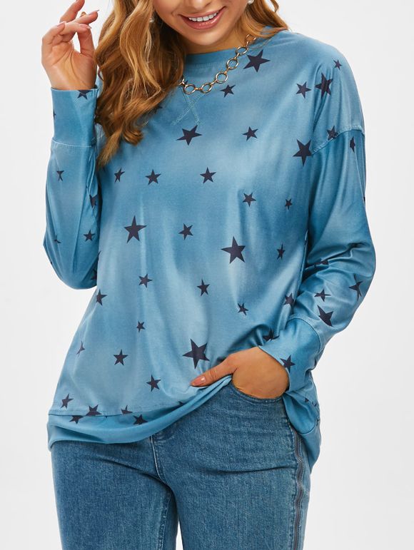 T-shirt à Imprimé Etoile avec Cousu Détaillé à Manches Longues - Bleu clair 3XL