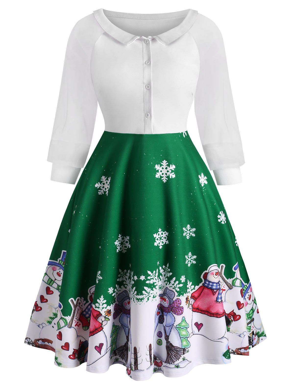 Half Button Xmas Snowman Snowflake Organza Sleeves Dress - DEEP GREEN XXL