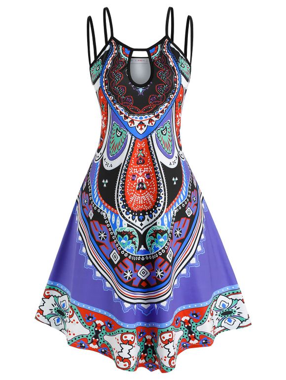 Robe à Bretelle Ethnique Imprimée Découpée de Grande Taille avec Trou de Serrure - multicolor 4X
