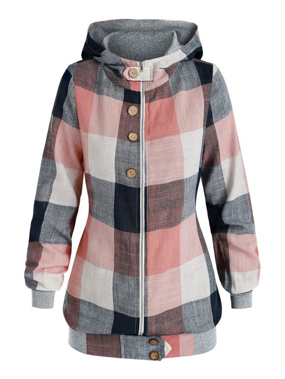 Hooded Plaid Print Zip Up Jacket - multicolor A XL