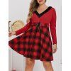 Robe Ligne A à Carreaux Manches Longues de Grande Taille à Lacets - Rouge 4X