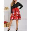 Robe Festonnée Motif Père Noël Bonhomme de Neige et Flocons de Neige Grande-Taille - Rouge 2XL