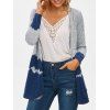 Cardigan en Blocs de Couleurs Sans Col à Manches Longues - Bleu Lierre M