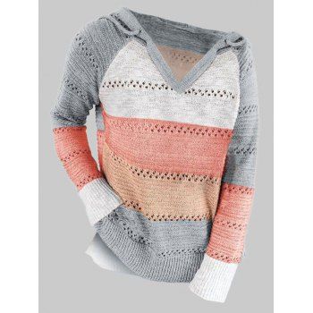 

Plus Size Colorblock Hooded Slit Pointelle Knit Sweater, Gray