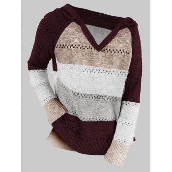 

Plus Size Colorblock Hooded Slit Pointelle Knit Sweater, Deep red