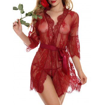 

Sheer Lace Ribbon Belt Lingerie Robe Set, Deep red
