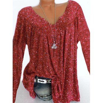 

Plus Size V Neck Tiny Floral Print T Shirt, Red