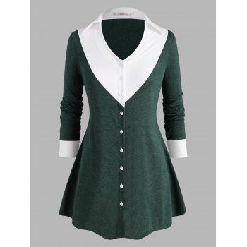 

Button Up Colorblock Heathered Plus Size Top, Green