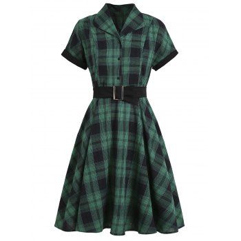 

Plaid Mock Button Belted Rolled Sleeve Dress, Green