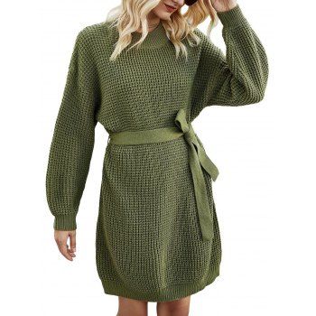 

Crew Neck Belted Sweater Dress, Green