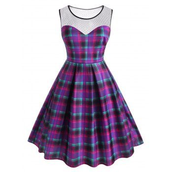 

Plus Size Lace Insert Plaid Sleeveless Dress, Purple