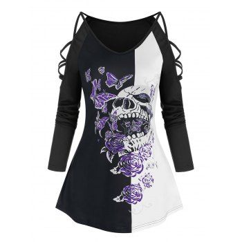 

Gothic Skull Floral Pattern Hollow Sleeve T Shirt, Black