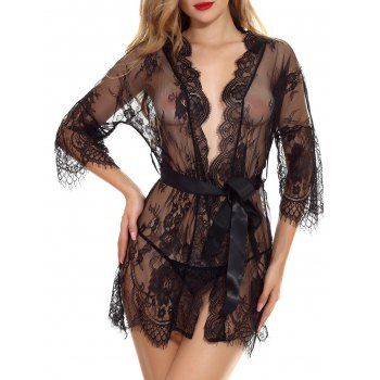 

Sheer Lace Ribbon Belt Lingerie Robe Set, Black