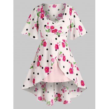 

Plus Size Flower Polka Dot Long Blouse with Cami Top Set, Multicolor a