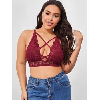 

Plus Size Lace Crisscross Front Bralette, Deep red