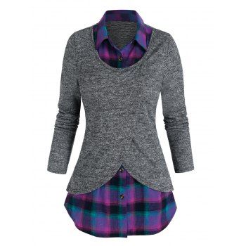 

Plaid Pattern Overlap Faux Twinset Sweater, Gray