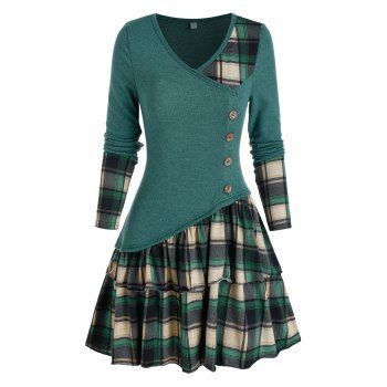 

Plaid Colorblock Button Asymmetric Layered Dress, Peacock blue