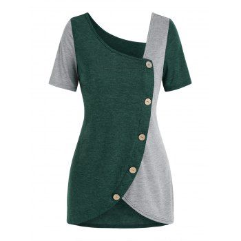 

Buttons Oblique Collar Two Tone T Shirt, Multicolor a