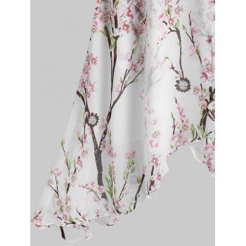 Peach Blossom Print Overlap High Low Dress Adjustable Spaghetti Strap Mock Button Knot Asymmetric Midi Dress
