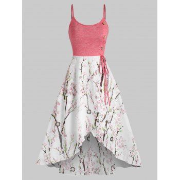 

Peach Blossom Print Overlap High Low Dress Adjustable Spaghetti Strap Mock Button Knot Asymmetric Midi Dress, Pink