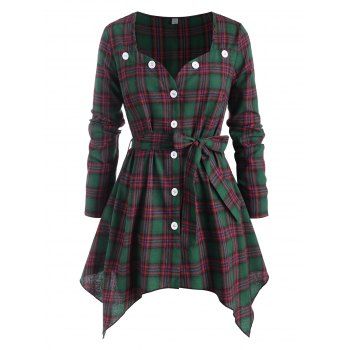 

Plaid Button Up Sweetheart Belted Plus Size Blouse, Green