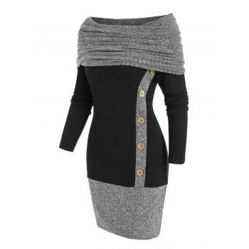 

Mock Button Contrast Sheath Sweater Dress, Black