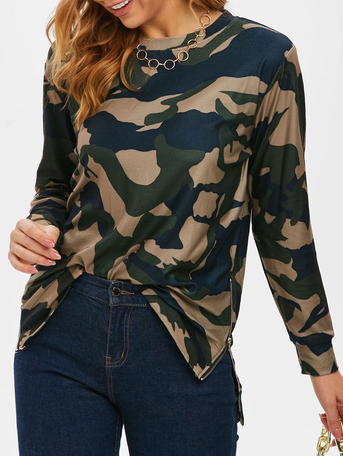 Sweat-shirt Tunique Long Camouflage Zippé à Côté en Laine - multicolor S