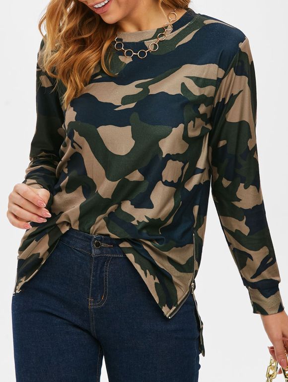 Sweat-shirt Tunique Long Camouflage Zippé à Côté en Laine - multicolor 2XL