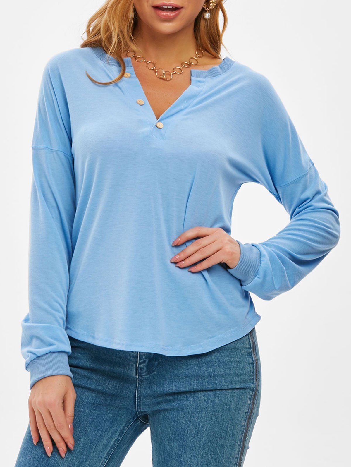 Drop Shoulder Half Placket Buttoned Tunic Sweatshirt - LIGHT BLUE 3XL