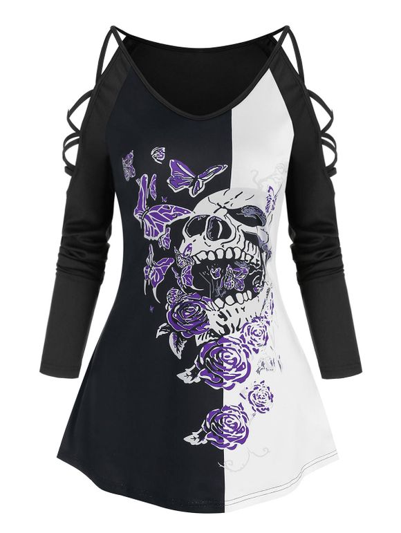 T-shirt Gothique Motif de Crâne et de Fleur à Manches Evidées - Noir 3XL