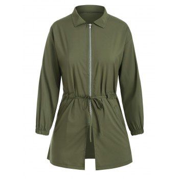 

Zip Front Letter Print Waist Drawstring Coat, Deep green