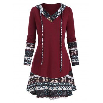 Image of Hooded Ethnic Geo Pattern Panel Tunic Top