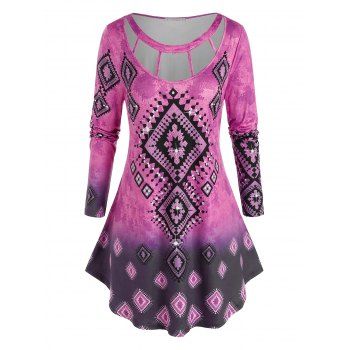 

Plus Size Hollow Out Ombre Print Long Sleeve Tee, Multicolor